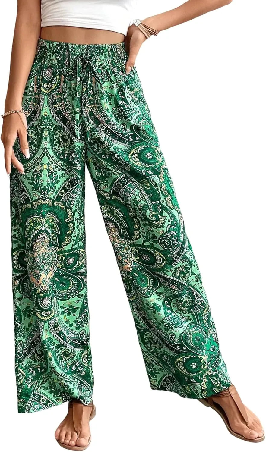Yeokou Women Boho Printed Pants Drawstring High Waist Casual Wide Leg Trousers Loose Vacation Lounge Pants