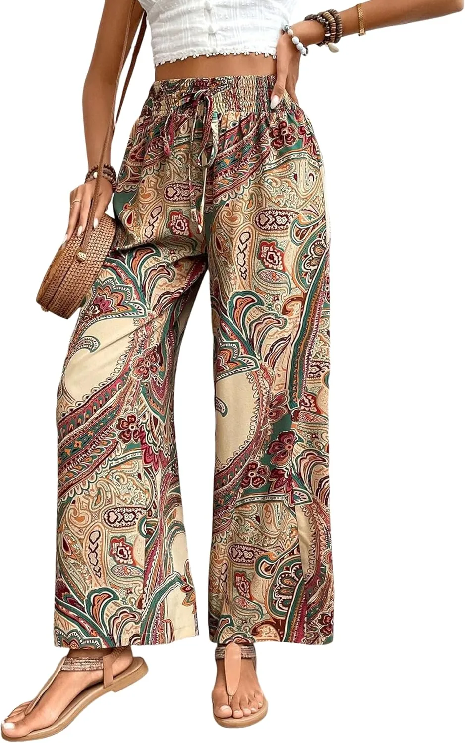 Yeokou Women Boho Printed Pants Drawstring High Waist Casual Wide Leg Trousers Loose Vacation Lounge Pants