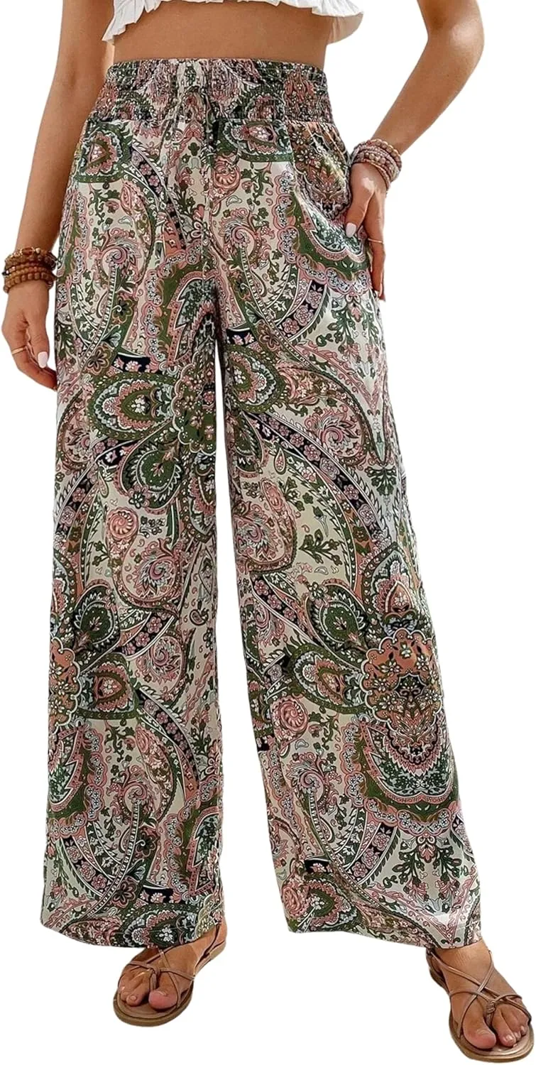 Yeokou Women Boho Printed Pants Drawstring High Waist Casual Wide Leg Trousers Loose Vacation Lounge Pants