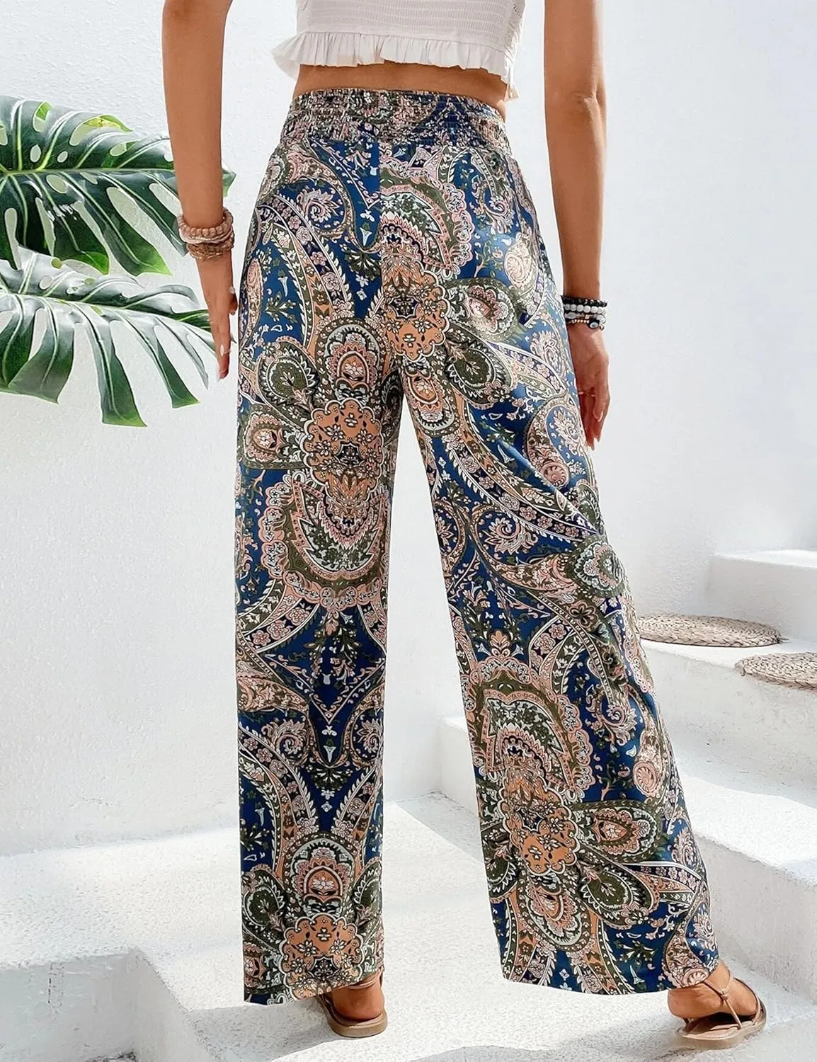 Yeokou Women Boho Printed Pants Drawstring High Waist Casual Wide Leg Trousers Loose Vacation Lounge Pants