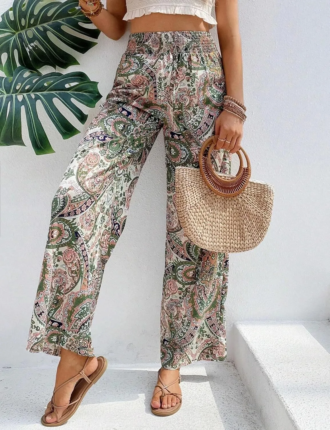 Yeokou Women Boho Printed Pants Drawstring High Waist Casual Wide Leg Trousers Loose Vacation Lounge Pants
