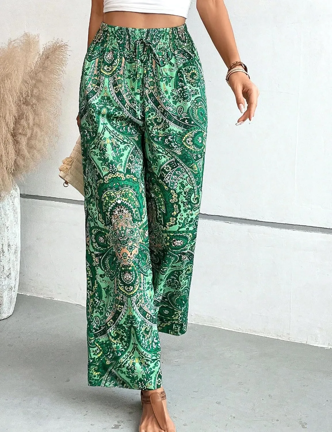 Yeokou Women Boho Printed Pants Drawstring High Waist Casual Wide Leg Trousers Loose Vacation Lounge Pants