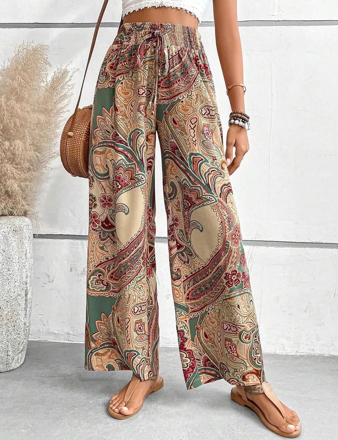 Yeokou Women Boho Printed Pants Drawstring High Waist Casual Wide Leg Trousers Loose Vacation Lounge Pants