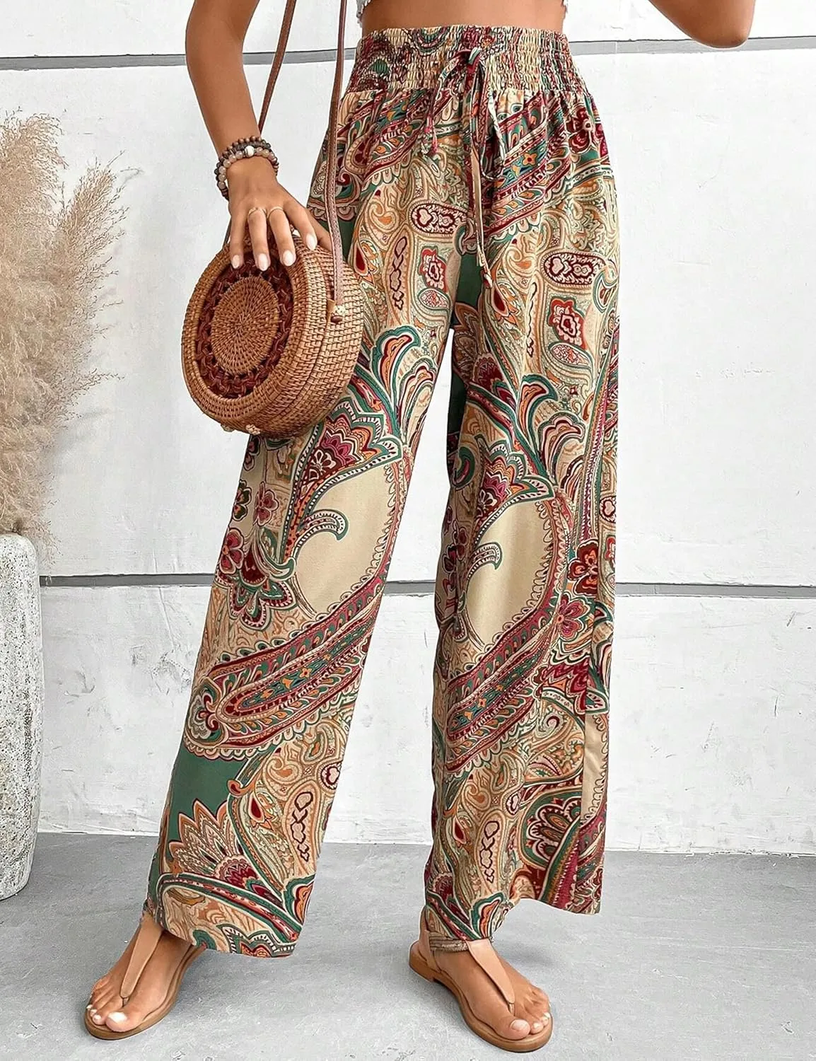 Yeokou Women Boho Printed Pants Drawstring High Waist Casual Wide Leg Trousers Loose Vacation Lounge Pants