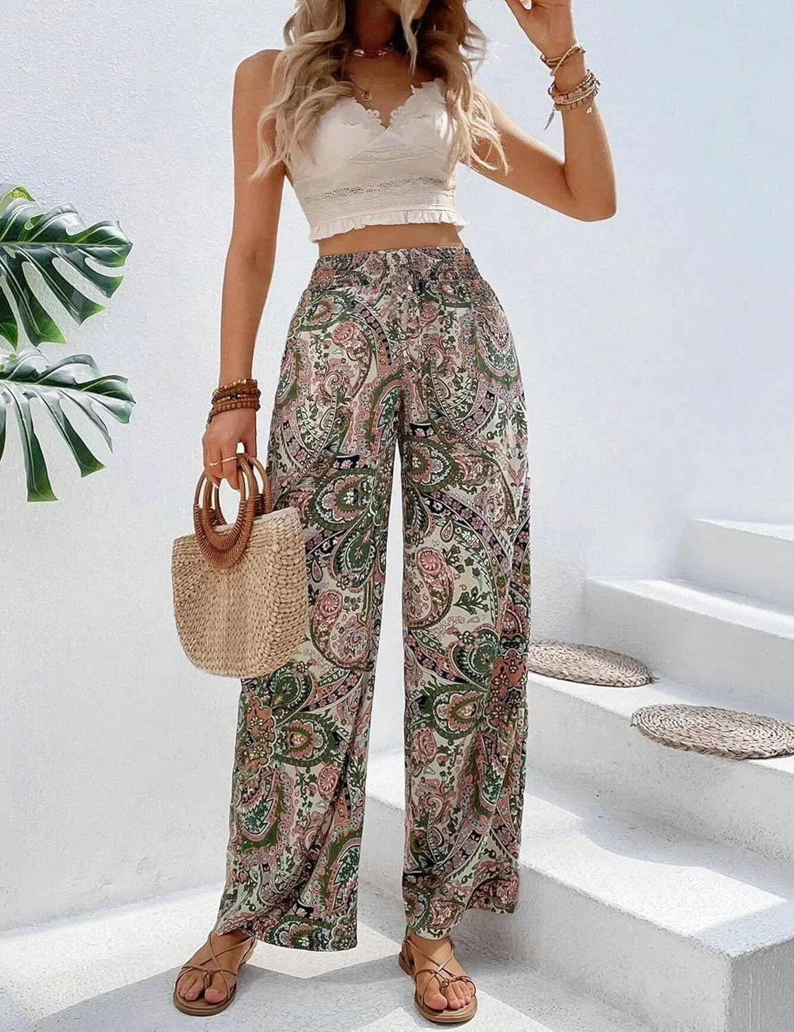 Yeokou Women Boho Printed Pants Drawstring High Waist Casual Wide Leg Trousers Loose Vacation Lounge Pants