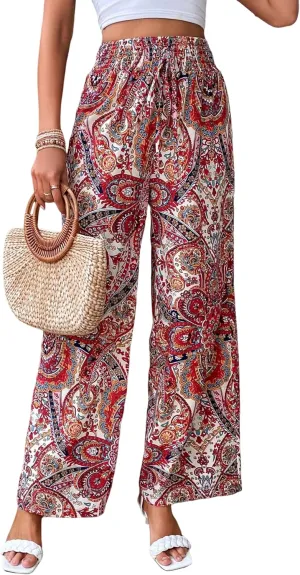 Yeokou Women Boho Printed Pants Drawstring High Waist Casual Wide Leg Trousers Loose Vacation Lounge Pants