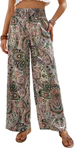 Yeokou Women Boho Printed Pants Drawstring High Waist Casual Wide Leg Trousers Loose Vacation Lounge Pants