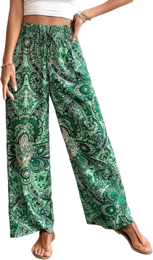 Yeokou Women Boho Printed Pants Drawstring High Waist Casual Wide Leg Trousers Loose Vacation Lounge Pants