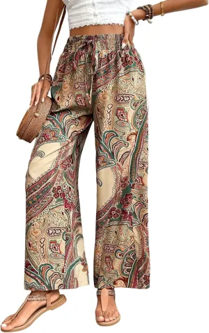 Yeokou Women Boho Printed Pants Drawstring High Waist Casual Wide Leg Trousers Loose Vacation Lounge Pants