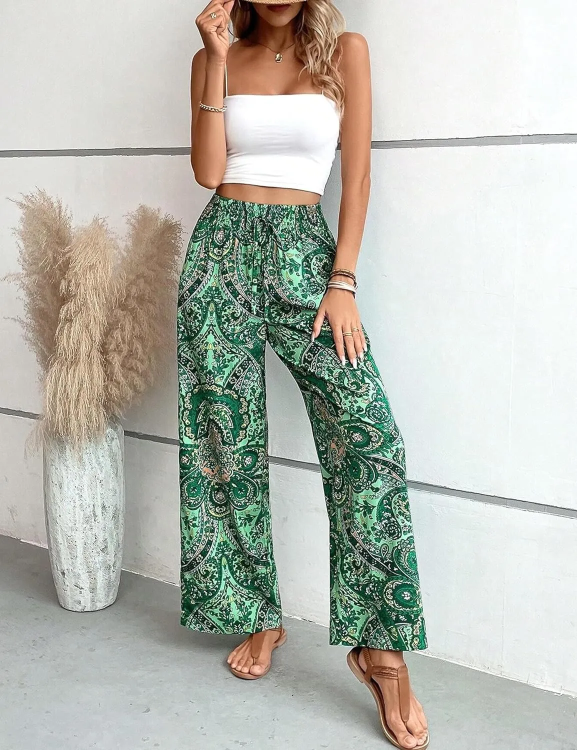 Yeokou Women Boho Printed Pants Drawstring High Waist Casual Wide Leg Trousers Loose Vacation Lounge Pants