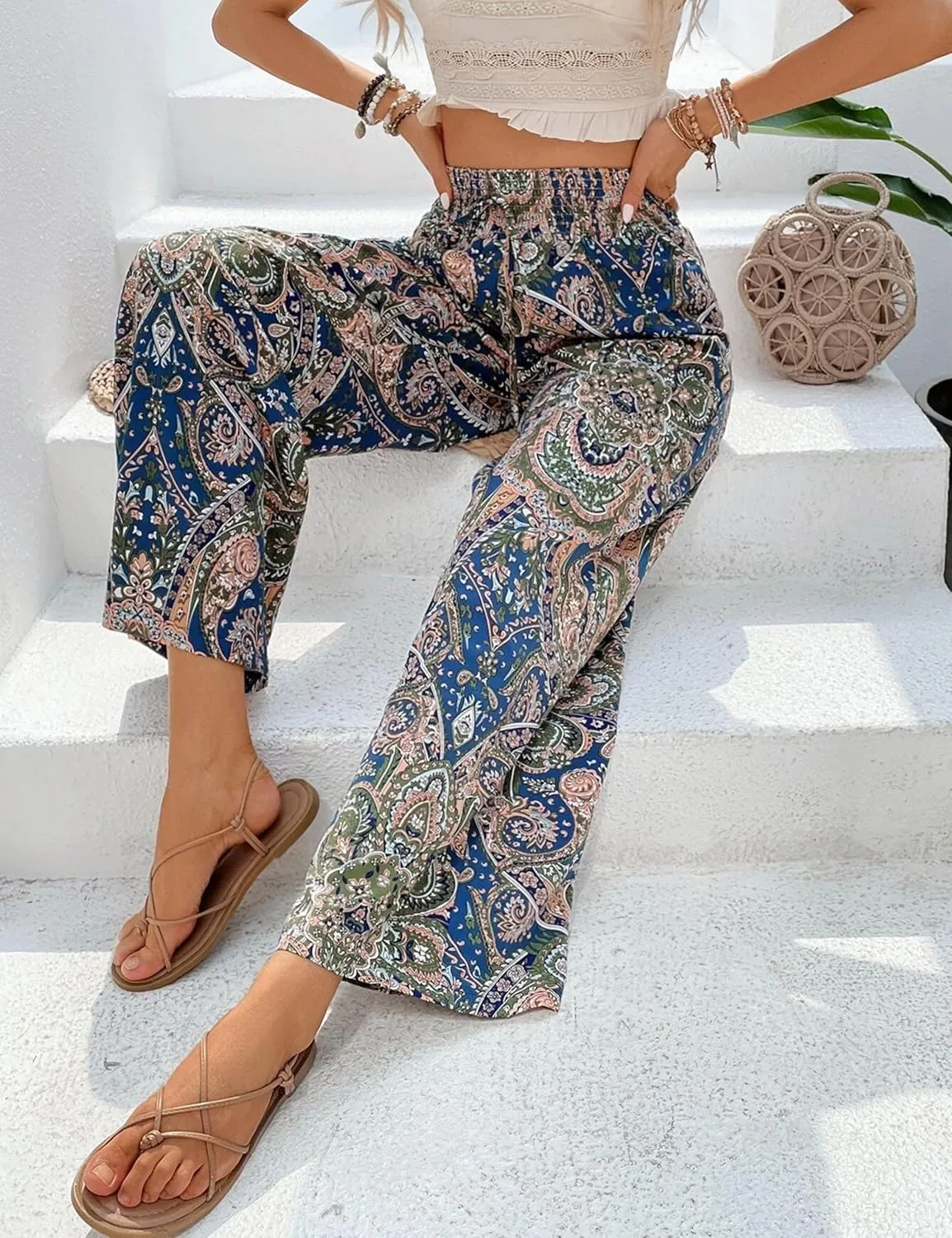 Yeokou Women Boho Printed Pants Drawstring High Waist Casual Wide Leg Trousers Loose Vacation Lounge Pants