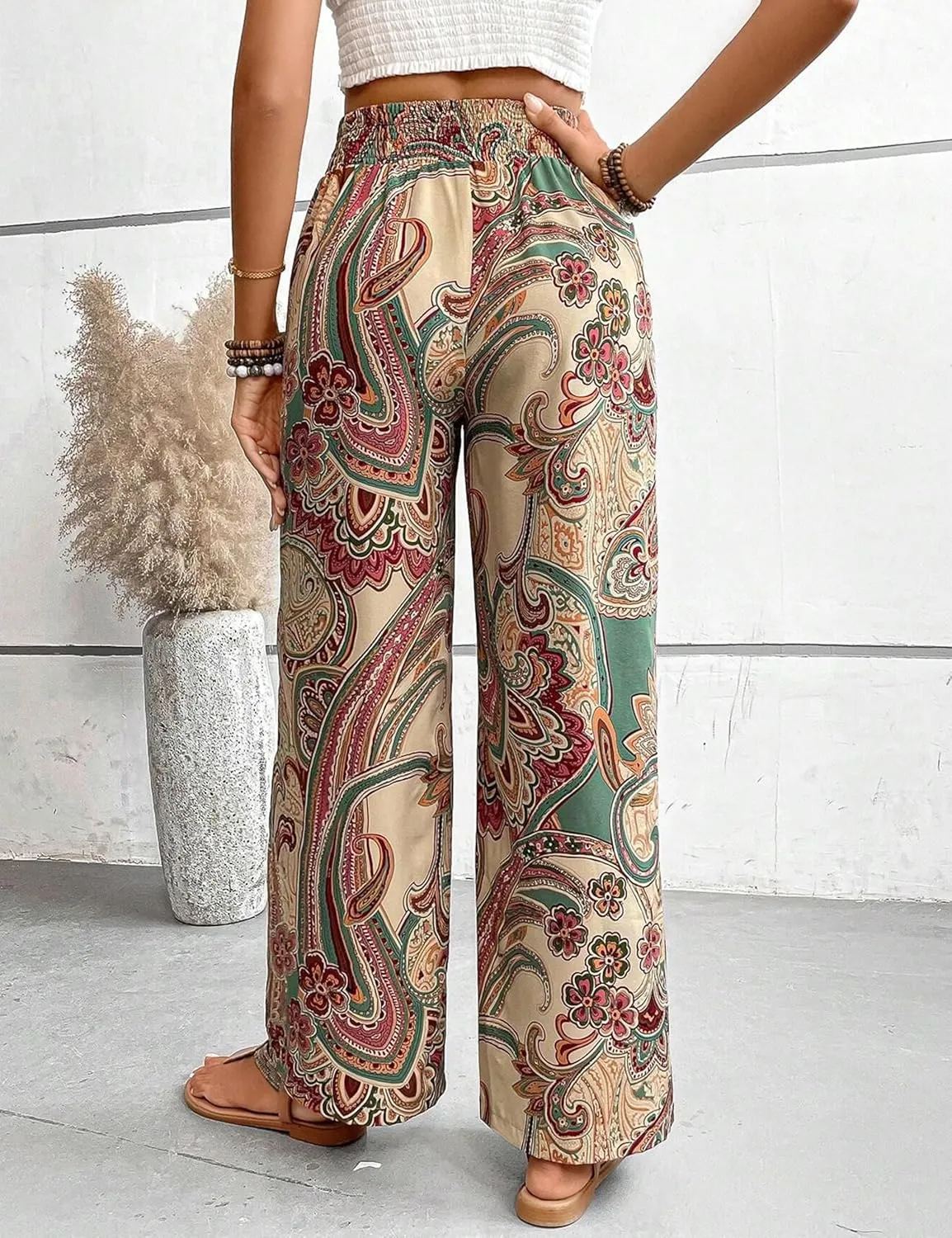 Yeokou Women Boho Printed Pants Drawstring High Waist Casual Wide Leg Trousers Loose Vacation Lounge Pants