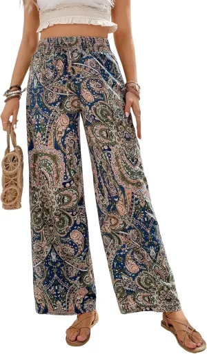 Yeokou Women Boho Printed Pants Drawstring High Waist Casual Wide Leg Trousers Loose Vacation Lounge Pants