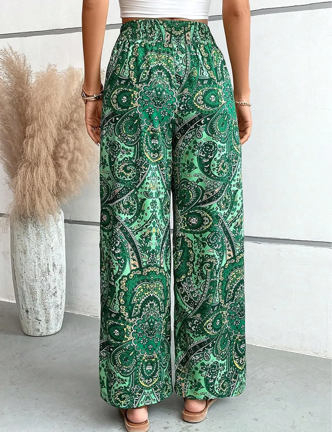 Yeokou Women Boho Printed Pants Drawstring High Waist Casual Wide Leg Trousers Loose Vacation Lounge Pants