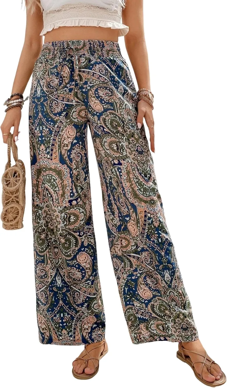Yeokou Women Boho Printed Pants Drawstring High Waist Casual Wide Leg Trousers Loose Vacation Lounge Pants