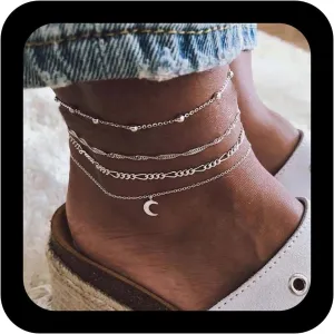 YienDoo Boho Multi-Layered Anklet Bracelet Silver Moon Pendant Beads Satellite Chain Anklet Foot Chain Beach Layered Anklet 4Pcs Set Foot Jewelry Gift for Women