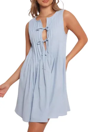 yoeasy Women's V Neck Sleeveless Mini Dress Tie Front Casual Loose Summer Pleated Swing Flowy Sundress