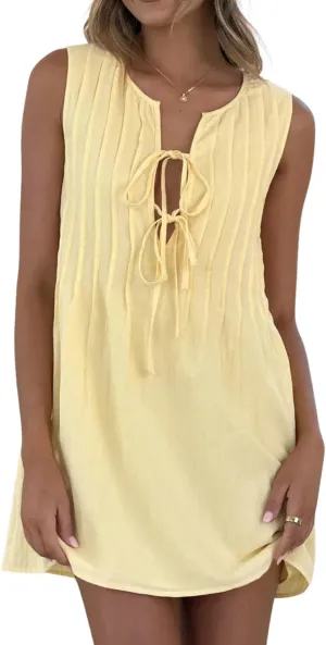 yoeasy Women's V Neck Sleeveless Mini Dress Tie Front Casual Loose Summer Pleated Swing Flowy Sundress