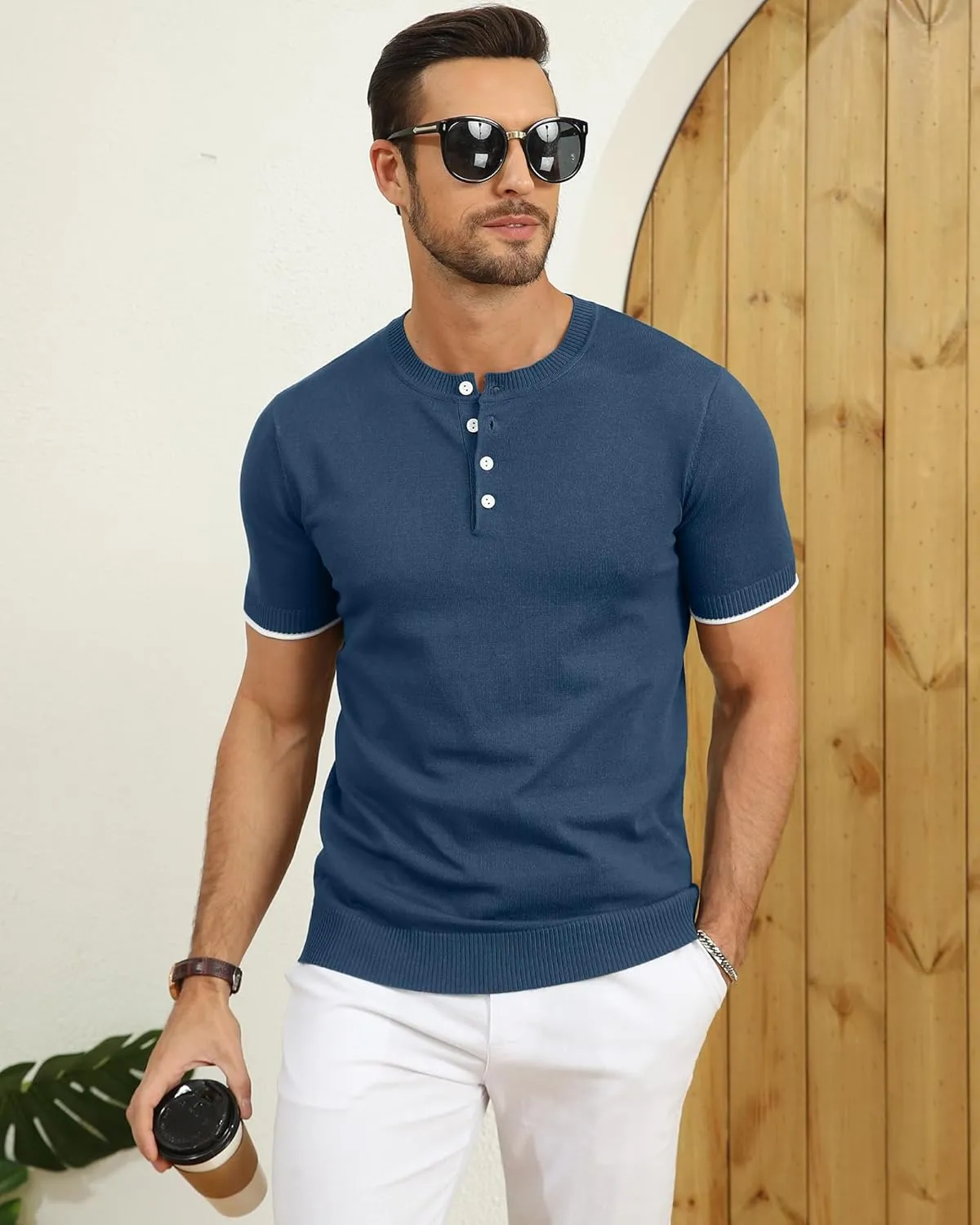 YTD Men's Knit Henley Shirts Casual Short Sleeve Slim Fit Basic Vintage Button T-Shirt Stylish Summer Tee Shirts