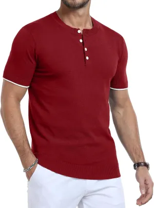 YTD Men's Knit Henley Shirts Casual Short Sleeve Slim Fit Basic Vintage Button T-Shirt Stylish Summer Tee Shirts