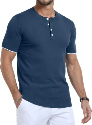 YTD Men's Knit Henley Shirts Casual Short Sleeve Slim Fit Basic Vintage Button T-Shirt Stylish Summer Tee Shirts
