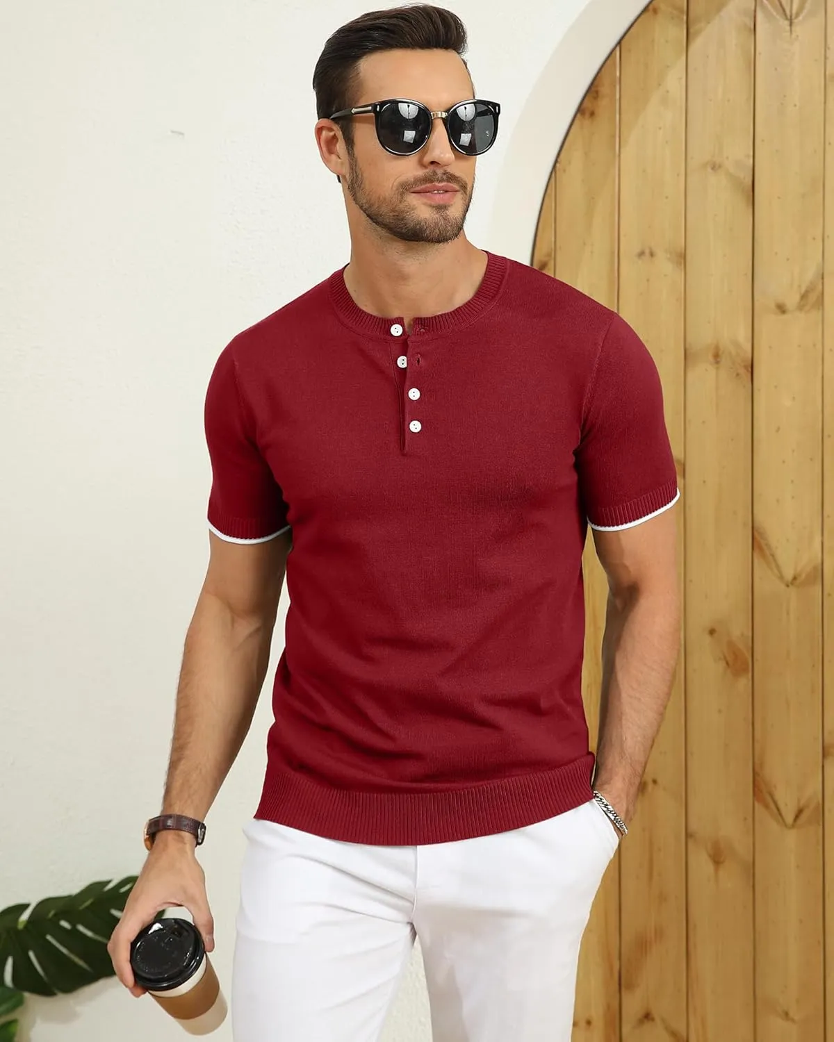 YTD Men's Knit Henley Shirts Casual Short Sleeve Slim Fit Basic Vintage Button T-Shirt Stylish Summer Tee Shirts