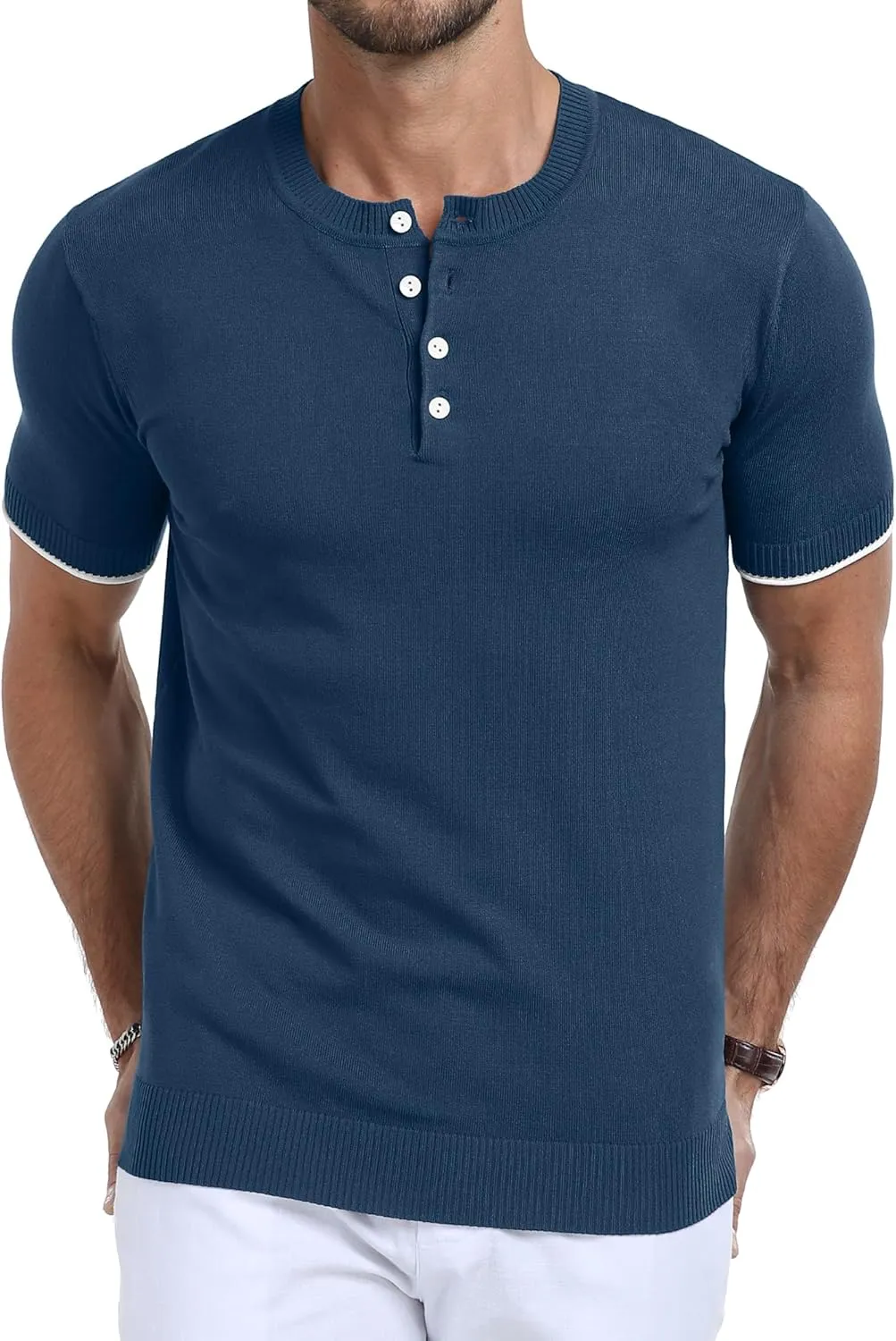 YTD Men's Knit Henley Shirts Casual Short Sleeve Slim Fit Basic Vintage Button T-Shirt Stylish Summer Tee Shirts