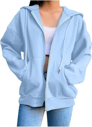 Zip Up Hoodie 2024 Casual Long Sleeve Solid Colour Drawstring Sweatshirt With Pocket Trendy Comfy Soft Sweater Tops
