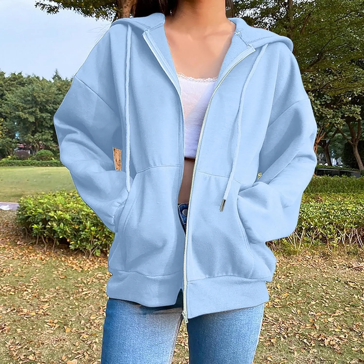 Zip Up Hoodie 2024 Casual Long Sleeve Solid Colour Drawstring Sweatshirt With Pocket Trendy Comfy Soft Sweater Tops