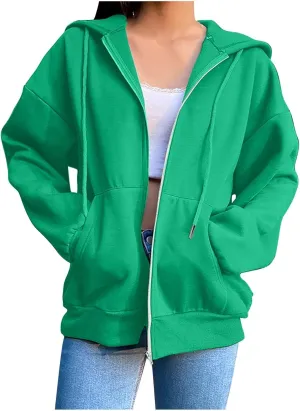 Zip Up Hoodie 2024 Casual Long Sleeve Solid Colour Drawstring Sweatshirt With Pocket Trendy Comfy Soft Sweater Tops