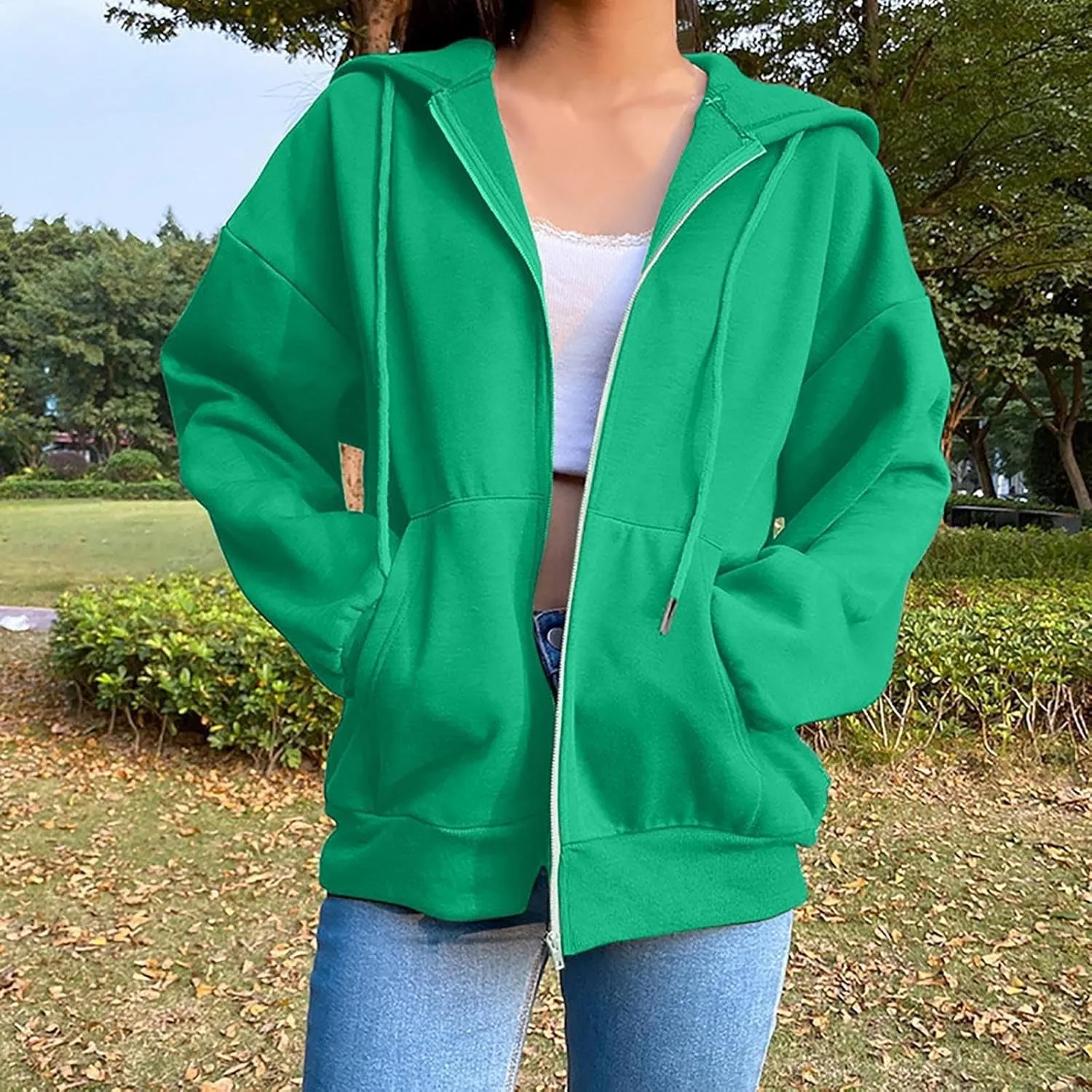 Zip Up Hoodie 2024 Casual Long Sleeve Solid Colour Drawstring Sweatshirt With Pocket Trendy Comfy Soft Sweater Tops