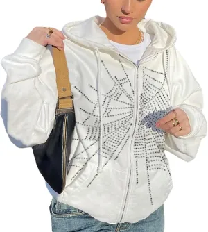 Zip Up Hoodies for Women Y2K Spider Web Print Halloween Hooded Sweatshirt Fleece Hoodie Coat Warm Hoody with Pockets