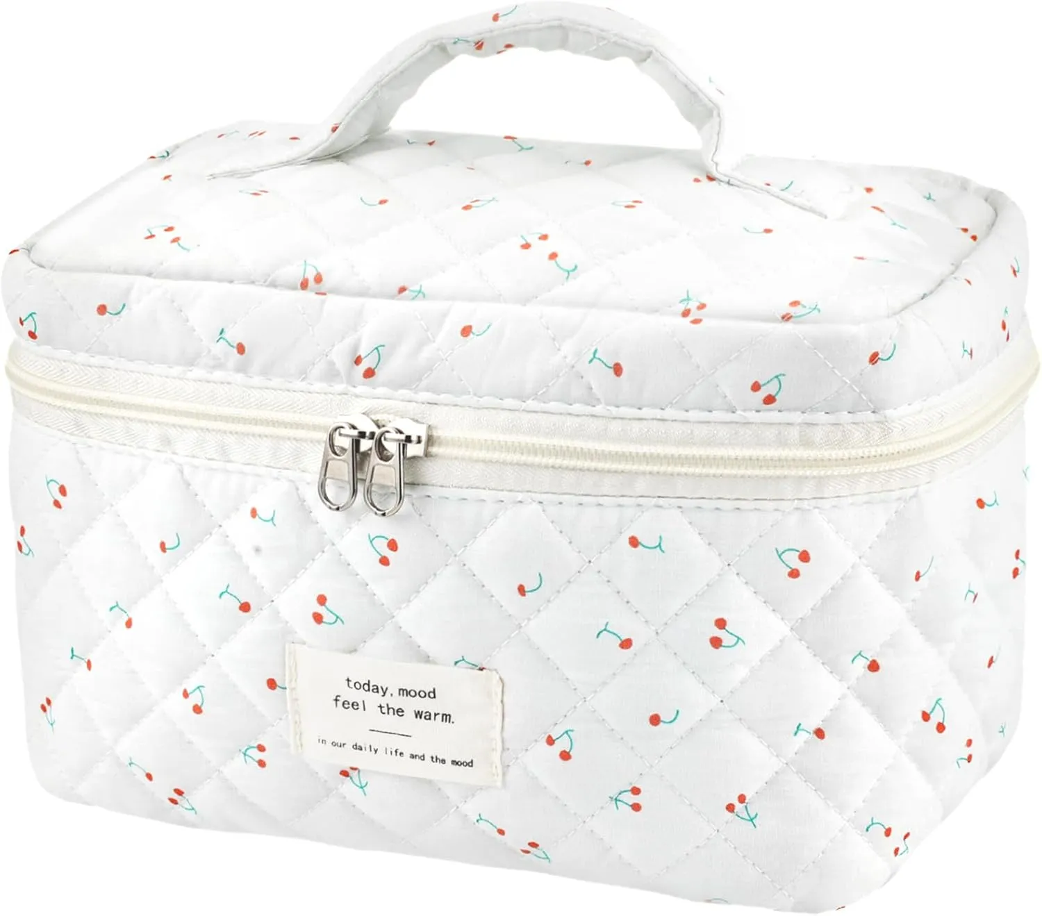 ZLFSRQ Cotton Quilted White Makeup Bag Travel Large Coquette Cosmetic Bag Cute Cherry Makeup Pouch for Purse Portable Zippered Handbag Toiletry Bags Organizer Bags Aesthetic Birthday Gift for Women