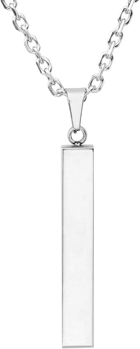 Zysta Engraving 3D Bar Name Necklace Personalized Text Message Cool Simple Design Women Customized Dangle Vertical Cuboid Stick Pendant Necklaces Stainless Steel Birthday Gift