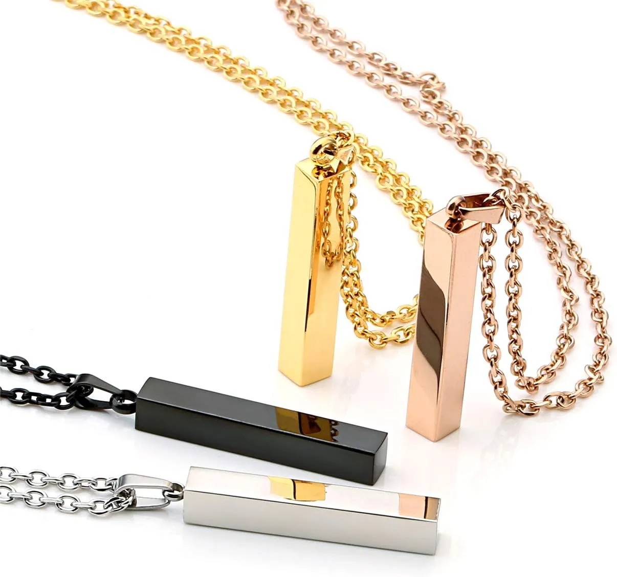 Zysta Engraving 3D Bar Name Necklace Personalized Text Message Cool Simple Design Women Customized Dangle Vertical Cuboid Stick Pendant Necklaces Stainless Steel Birthday Gift