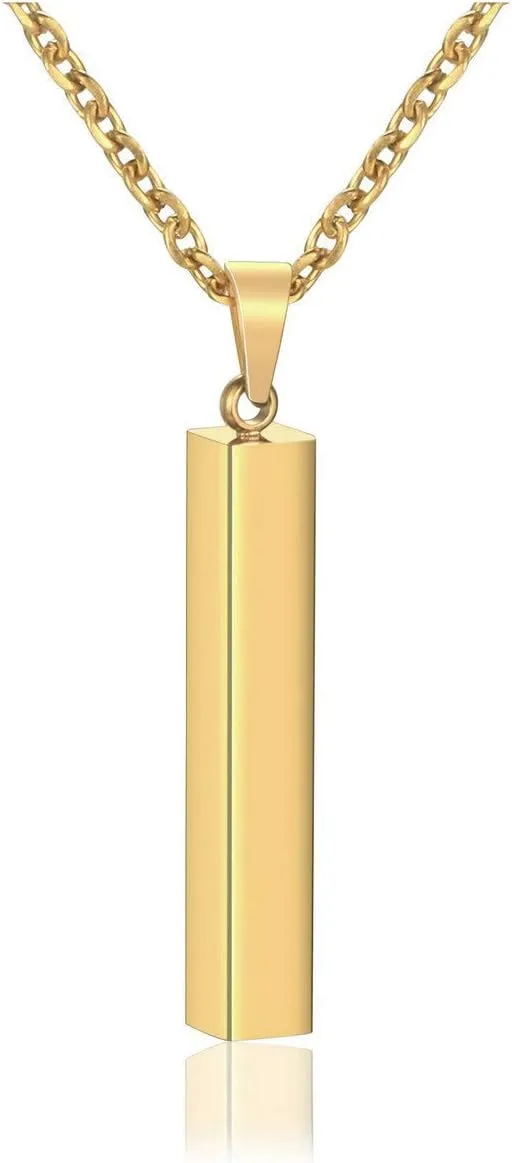 Zysta Engraving 3D Bar Name Necklace Personalized Text Message Cool Simple Design Women Customized Dangle Vertical Cuboid Stick Pendant Necklaces Stainless Steel Birthday Gift